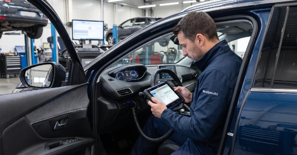 technicien réalisant un diagnostic électronique sur un véhicule